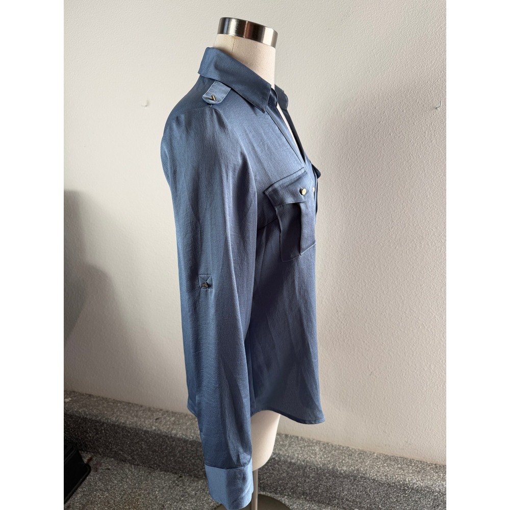 Express Portofino Shirt Womens Small Slim Fit Blue Roll Tab Sleeve Button Up Top - Picture 6 of 7